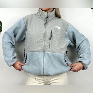 The North Face Size XL Gray and Baby Blue Teddy Bear Fleece Jacket Zip Up